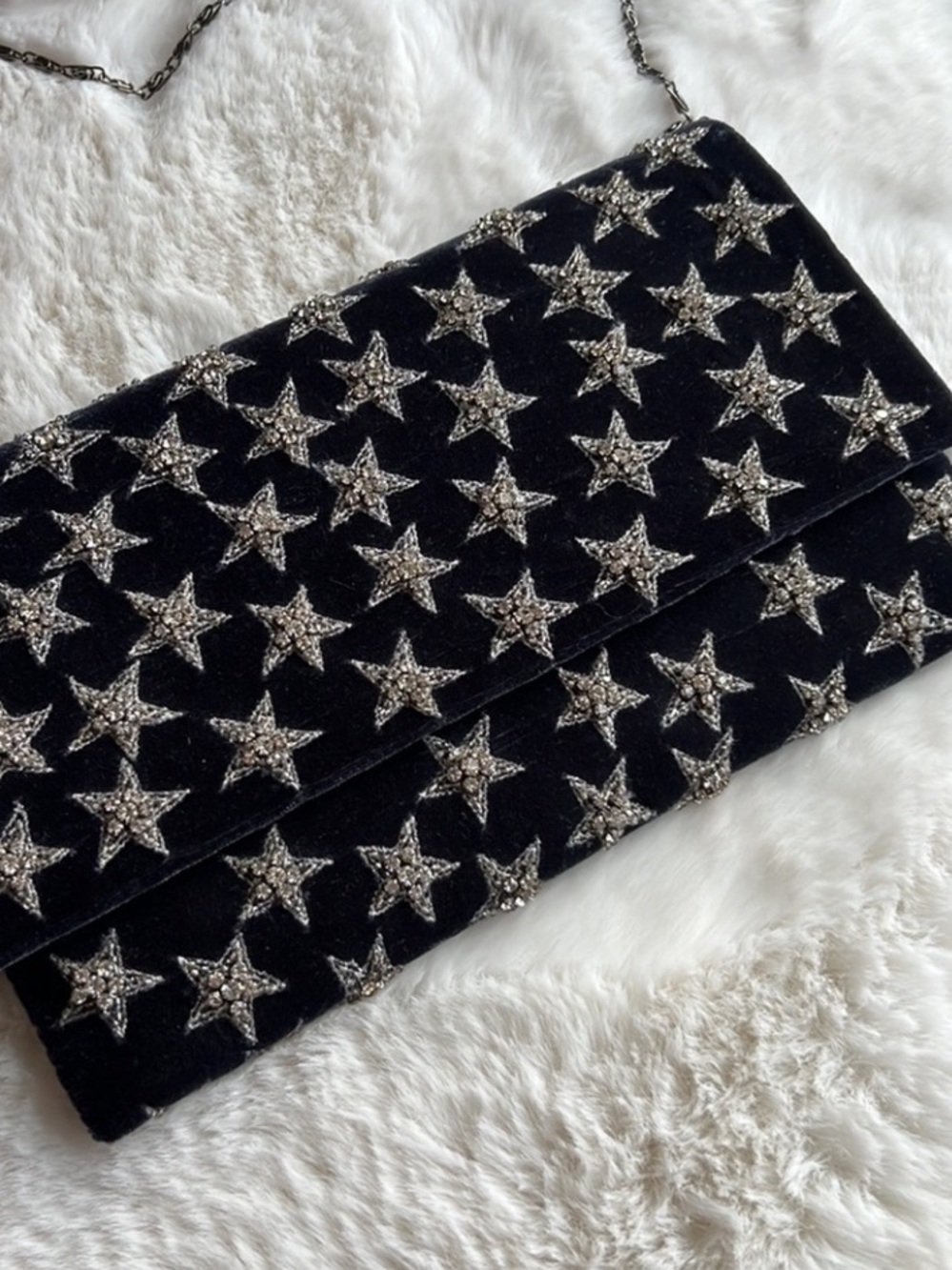 Navy velvet crossbody or envelope clutch with rhinestone stars